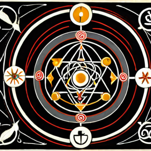 Home 14 **Image Prompt:** Symbolic cultural art featuring interconnected symbols representing myths, rituals, and social structures, reflecting Claude Levi-Strauss's structuralist theory.