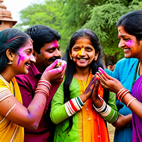 Home 7 A traditional Indian family, including adults and children, fully clothed in vibrant, modest ethnic wear, celebrating Holi outdoors. They are gently applying colored powder to each other's faces, with expressions of joyful camaraderie. The setting features bright, natural daylight, but with a subtle hint of an unusually warm, almost summery atmosphere for the typical spring festival, indicating changing weather patterns. The background includes traditional Indian architecture and blooming, colorful flowers. This image depicts a family-friendly scene, appropriate content, safe for work, perfect anatomy, correct proportions, natural pose, well-formed hands, proper finger count, natural body proportions, professional photography, high quality.