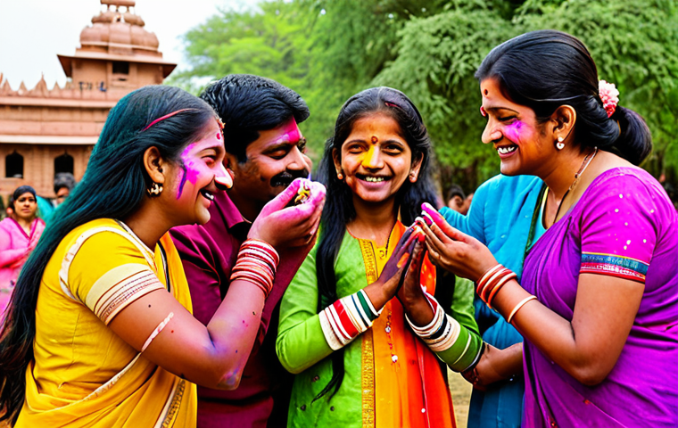 A traditional Indian family, including adults and children, fully clothed in vibrant, modest ethnic wear, celebrating Holi outdoors. They are gently applying colored powder to each other's faces, with expressions of joyful camaraderie. The setting features bright, natural daylight, but with a subtle hint of an unusually warm, almost summery atmosphere for the typical spring festival, indicating changing weather patterns. The background includes traditional Indian architecture and blooming, colorful flowers. This image depicts a family-friendly scene, appropriate content, safe for work, perfect anatomy, correct proportions, natural pose, well-formed hands, proper finger count, natural body proportions, professional photography, high quality.