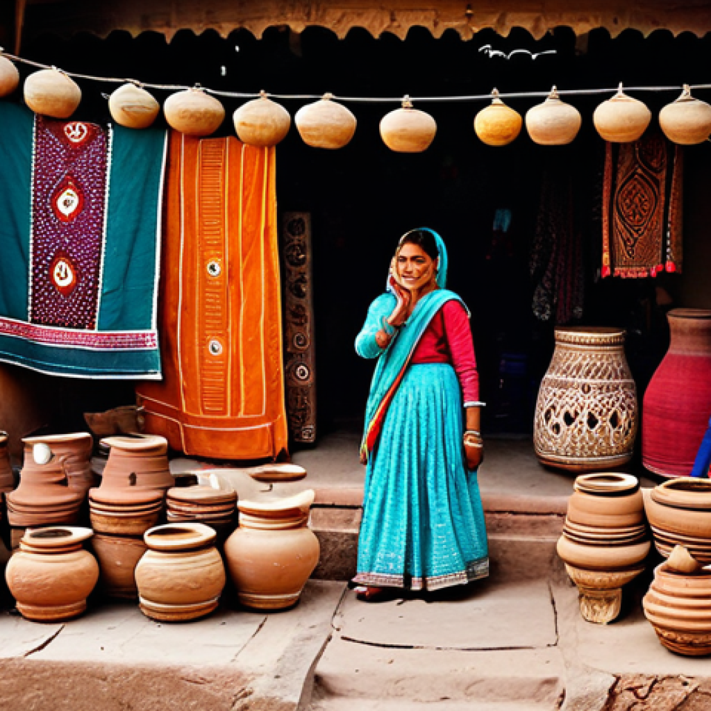 **

"A bustling marketplace in Rajasthan, India, filled with vibrant textiles, pottery, and wood carvings. Local artisans, fully clothed in traditional Indian dress, display their crafts to tourists. The scene is full of life and color, showcasing the economic benefits of traditional handicrafts. Safe for work, appropriate content, professional photography, perfect anatomy, natural proportions, family-friendly, modest clothing, well-formed hands, proper finger count."

**