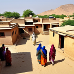 Traditional Rajasthani Village**

"A vibrant scene of a traditional Rajasthani village. People are wearing light, loose, fully clothed clothing appropriate for the desert climate. The houses have thick walls and flat roofs. The scene is bathed in warm sunlight, highlighting the desert colors and local art. Safe for work, family-friendly, perfect anatomy, natural proportions, appropriate content, professional."

**