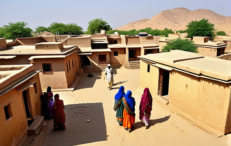 Traditional Rajasthani Village**

"A vibrant scene of a traditional Rajasthani village. People are wearing light, loose, fully clothed clothing appropriate for the desert climate. The houses have thick walls and flat roofs. The scene is bathed in warm sunlight, highlighting the desert colors and local art. Safe for work, family-friendly, perfect anatomy, natural proportions, appropriate content, professional."

**