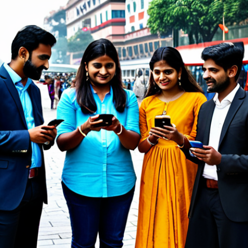 **Prompt:** A diverse group of people connecting via smartphones in a bustling city square, fully clothed in contemporary Indian attire, showcasing the digital age and social media's influence, appropriate content, safe for work, perfect anatomy, natural pose, vibrant colors, high resolution.