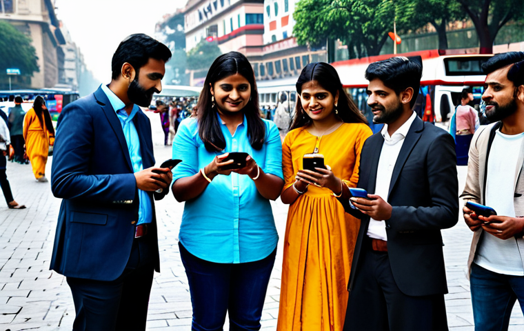**Prompt:** A diverse group of people connecting via smartphones in a bustling city square, fully clothed in contemporary Indian attire, showcasing the digital age and social media's influence, appropriate content, safe for work, perfect anatomy, natural pose, vibrant colors, high resolution.