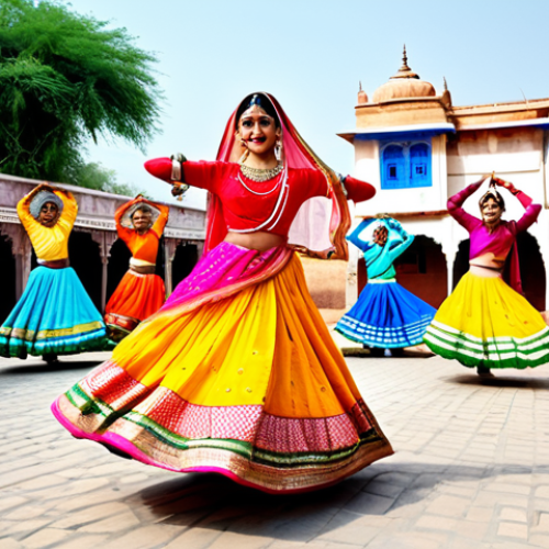 무형문화유산 - "A vibrant folk dance performance in Rajasthan, India, featuring dancers in colorful, traditional gh...