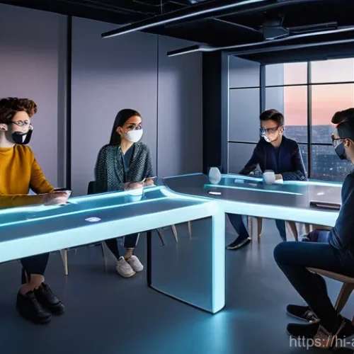 언어와 문화 - **Digital Life & AI Integration:**
    A vibrant, futuristic yet welcoming co-working space bathed i...