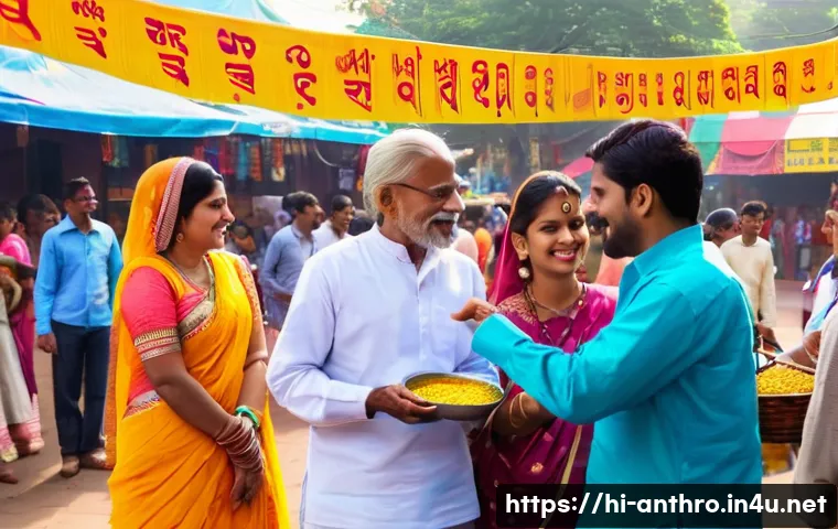 문화교류 - A vibrant cultural festival scene in an Indian city square during daytime, featuring men and women d...