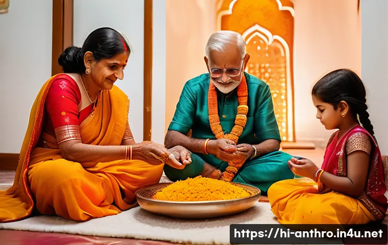 문화와 종교 - A warm and intimate Indian family scene during a traditional festival, showing multiple generations ...