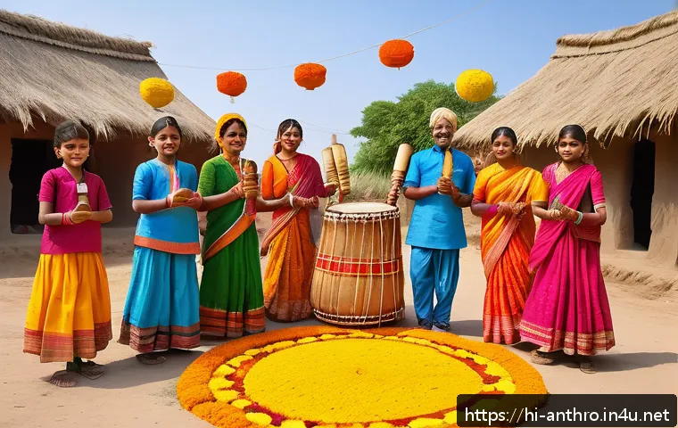 문화적 공동체와 사회 - A vibrant traditional Indian village festival scene showcasing a diverse group of people of all ages...