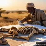 Home 18 인류학적 연구 사례 - A highly detailed archaeological scene depicting ancient human bones excavated in an African savanna...