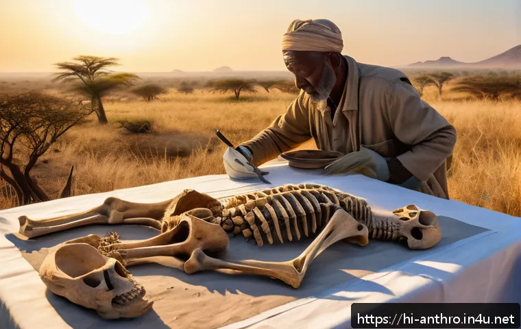 인류학적 연구 사례 - A highly detailed archaeological scene depicting ancient human bones excavated in an African savanna...