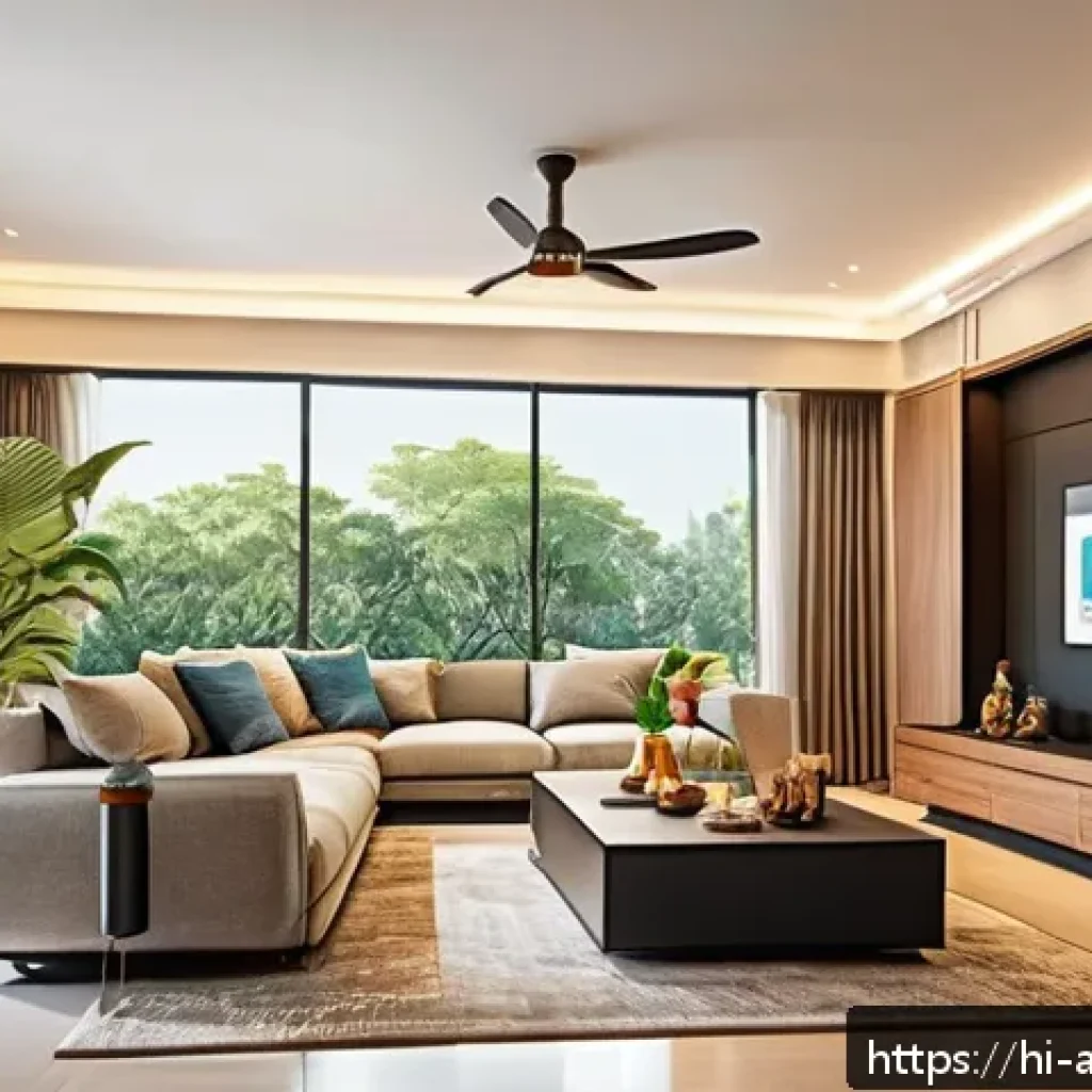 기술과 사회 변화 - A modern Indian family using smart home technology in a stylish living room decorated with tradition...
