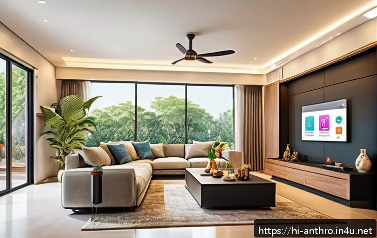 기술과 사회 변화 - A modern Indian family using smart home technology in a stylish living room decorated with tradition...